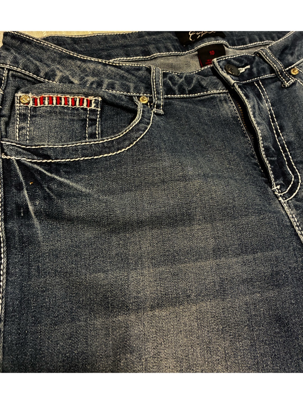 Earl Jeans Dark Wash Boyfriend Jeans with Red, White & Navy Pocket Accents - Picture 4 of 8